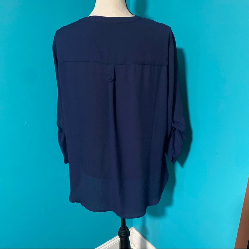 [E] Torrid 1X Solid Navy Blue Harper Georgette Pullover 3/4 Sleeve Blouse - Picture 5 of 6